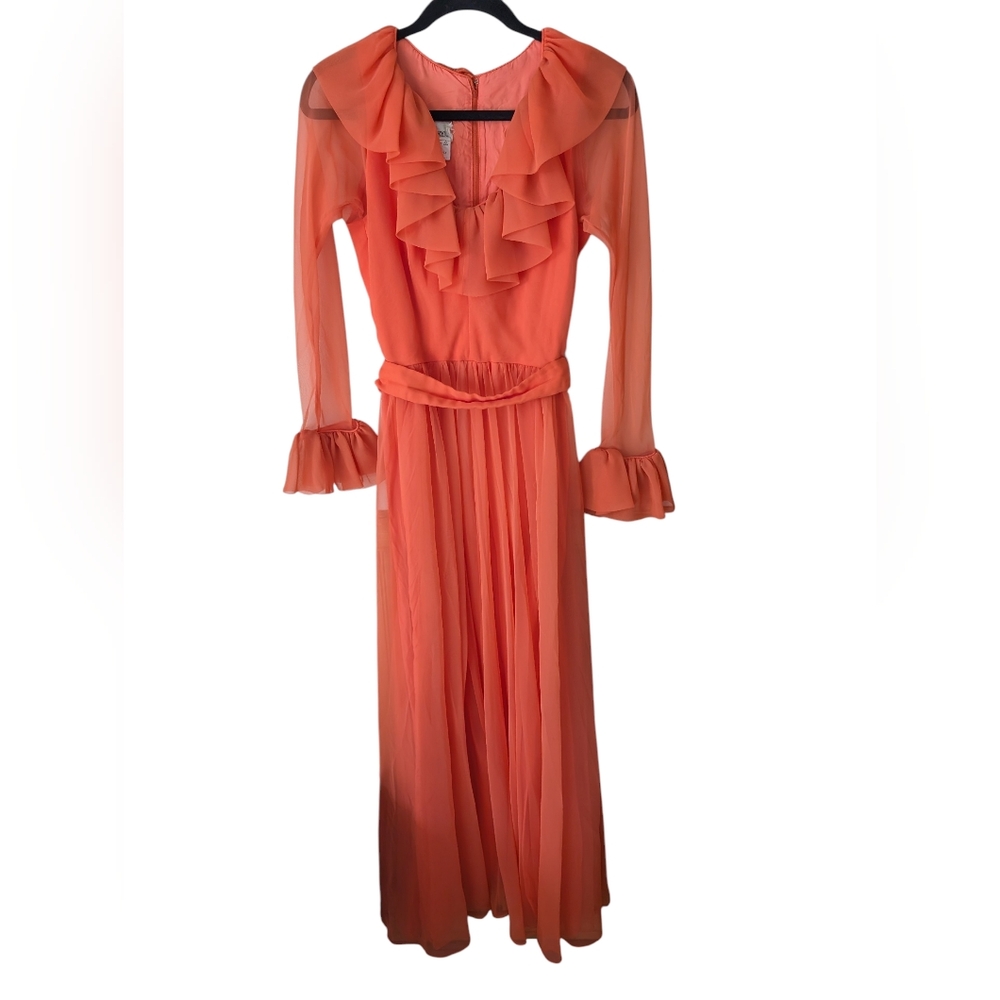 Jack Bryan Vintage 70s Coral Chiffon‎ Long Sleeve Belted Ruffle Dress Size Small